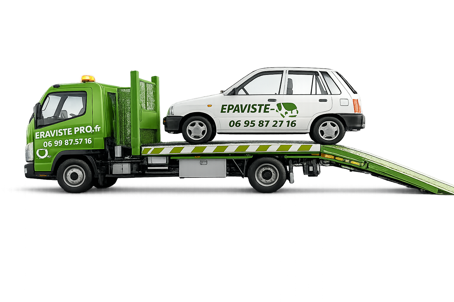 Dépanneuse verte Epaviste-pro.fr transportant une voiture